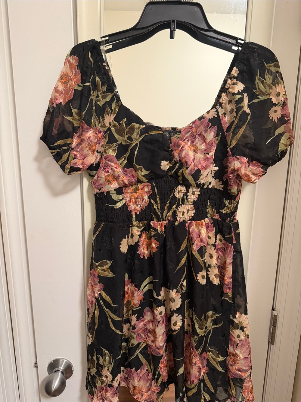 Black Floral Puff-Sleeve Mini Dress with Smocked Waist